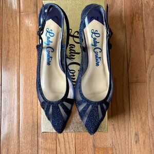 Lady Couture Navy Blue Sling Back Kitten Heels - Size 10 with Box
